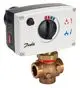 Danfoss Durchgangsventil mit elektronischem Stellmotor. Sichtbare Drehknopfsteuerung und Anschlüsse für Rohrleitungen in einem kompakten Design.